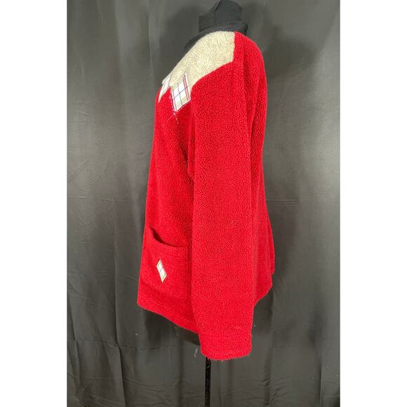 Vintage Woman's Teddi Red Fleece Jacket, Button Up, Quilted Diamonds, Pockets - Picture 6 of 8